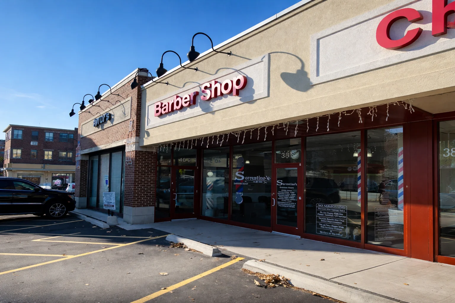 Exterior view of a barber shop with red signage.
